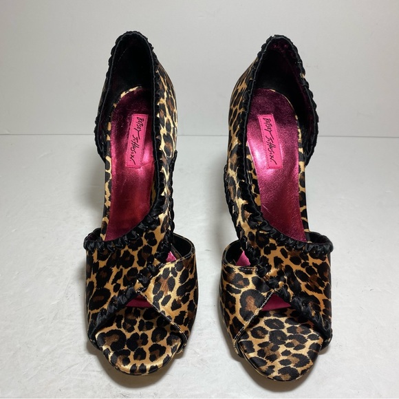 New Betsy Johnson Leopard Peep Toe Satin High Heel Pump Women's Shoes Size 10 - Picture 2 of 15